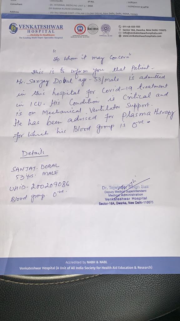 If anyone in Delhi has recovered from Covid-19 atleast 20 days ago, request you to please donate blood O-ve and help with plasma therapy for Sanjay Dobhal. He is critical and in urgent need of plasma therapy.