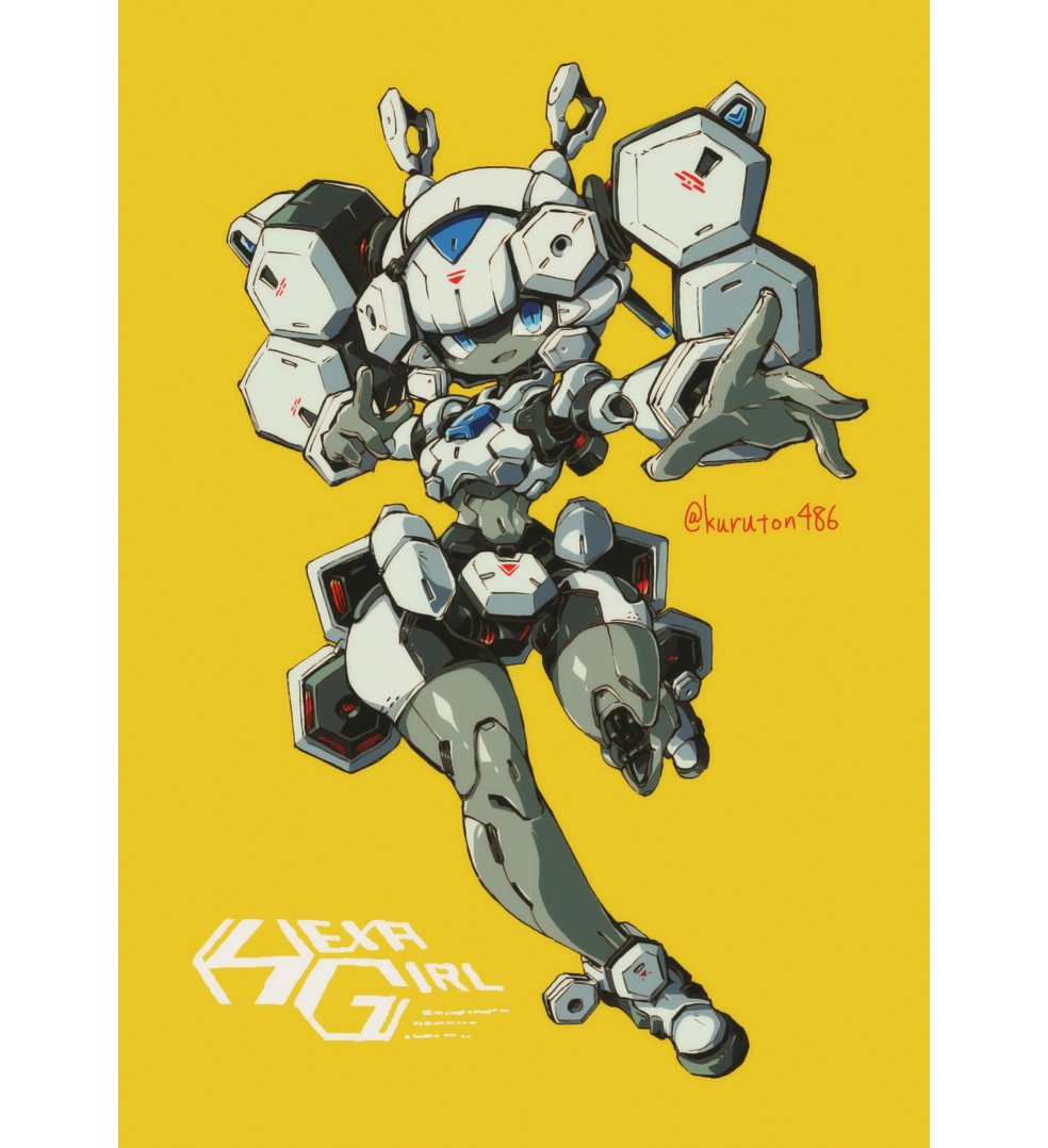 1girl blue eyes solo yellow background robot open hand looking at viewer  illustration images
