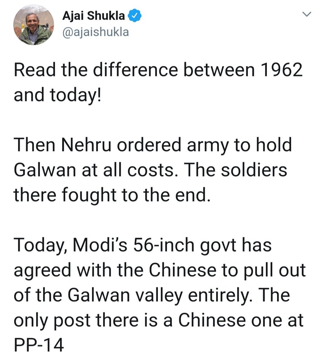 The officer also categorically told me Patrol Point 14 in Galwan Valley is absolutely under Indian control.We've our new Bailey Bridge just 1.8 kms away from there. For its protection, there are enough army elements in the region.  https://twitter.com/ukshahi/status/1273955293731278848?s=19