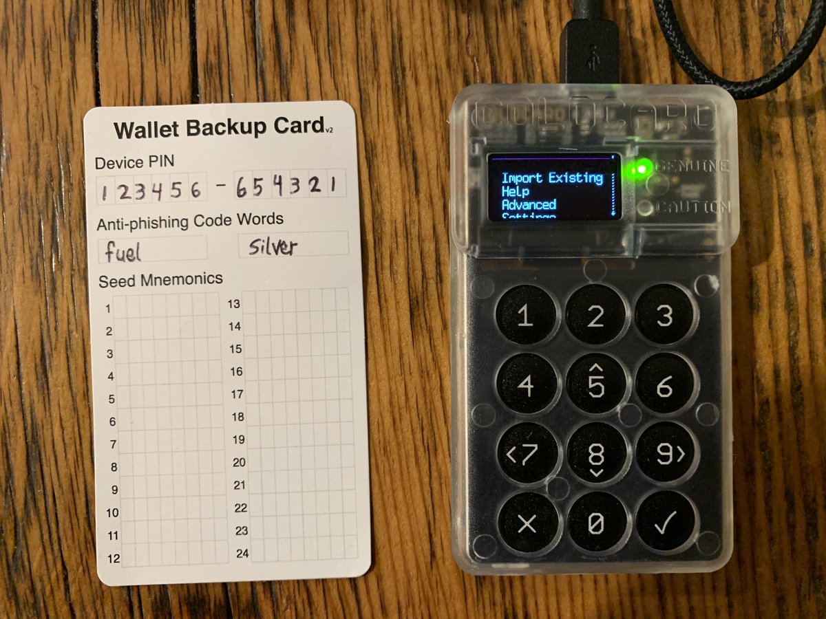 5/19 Power up your  @COLDCARDwallet. Accept the terms. Confirm the bag# matches the # on the screen. Choose a PIN code. They are 2 part PINs. CC will generate 2 anti-phishing words that are displayed when you login. Write all that down & secure it. Turn off/on. Confirm it works.