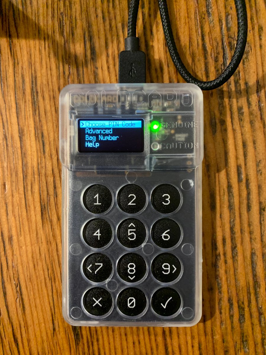 5/19 Power up your  @COLDCARDwallet. Accept the terms. Confirm the bag# matches the # on the screen. Choose a PIN code. They are 2 part PINs. CC will generate 2 anti-phishing words that are displayed when you login. Write all that down & secure it. Turn off/on. Confirm it works.