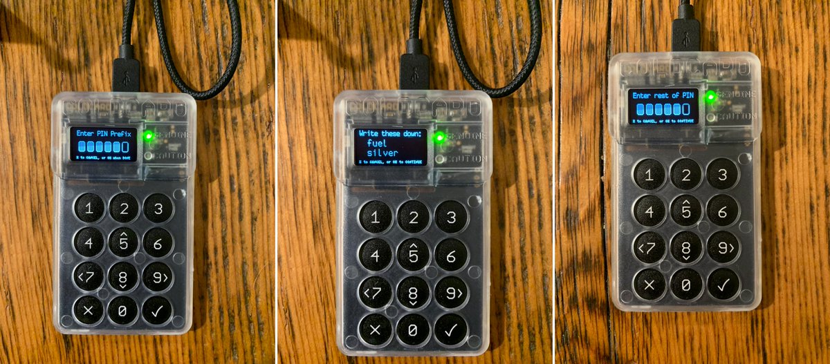 5/19 Power up your  @COLDCARDwallet. Accept the terms. Confirm the bag# matches the # on the screen. Choose a PIN code. They are 2 part PINs. CC will generate 2 anti-phishing words that are displayed when you login. Write all that down & secure it. Turn off/on. Confirm it works.