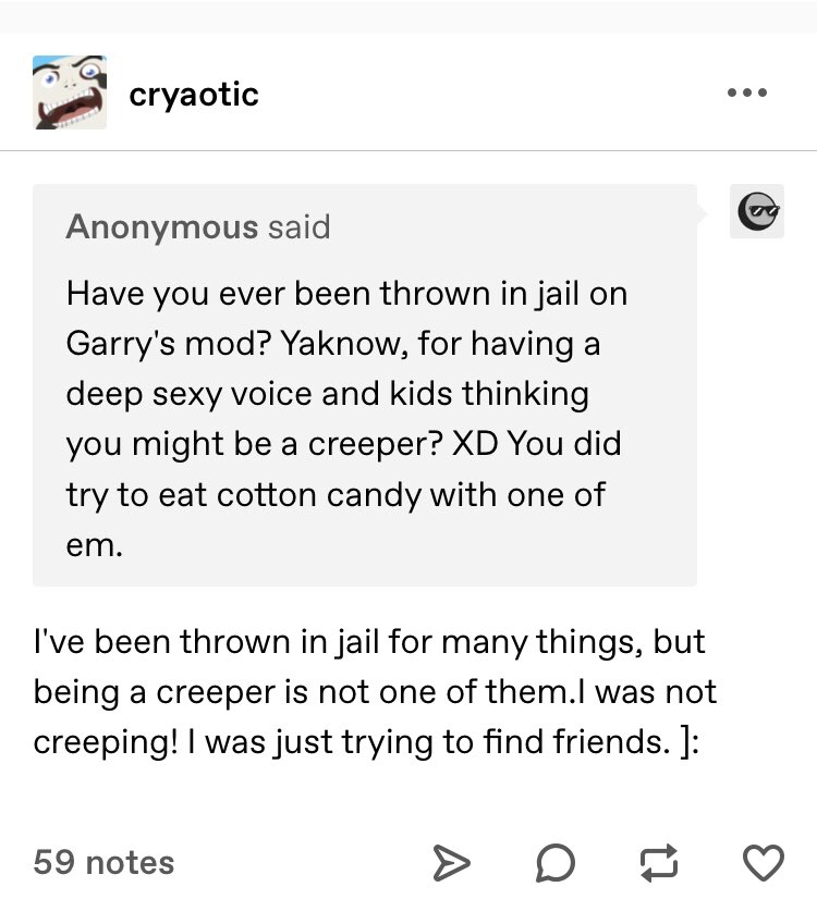 CW: sexual language towards minors, cryaotic, generally cry being creepyif you weren’t already convinced cryaotic knew what he was doing! here are some posts from his tumblr that a friend dug up