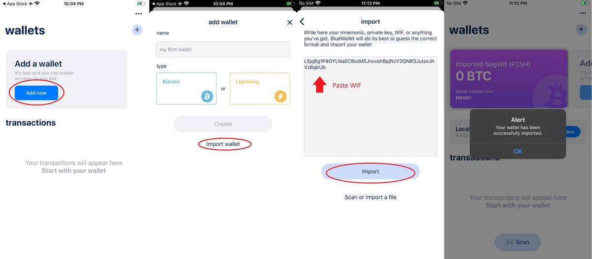 11/19  @bluewalletio will accept mnemonics, private keys, & WIF. In this example I used WIF. Exported from the  @COLDCARDwallet to microSD. Then copy/paste into the mobile phone. I used #1000 as the index.