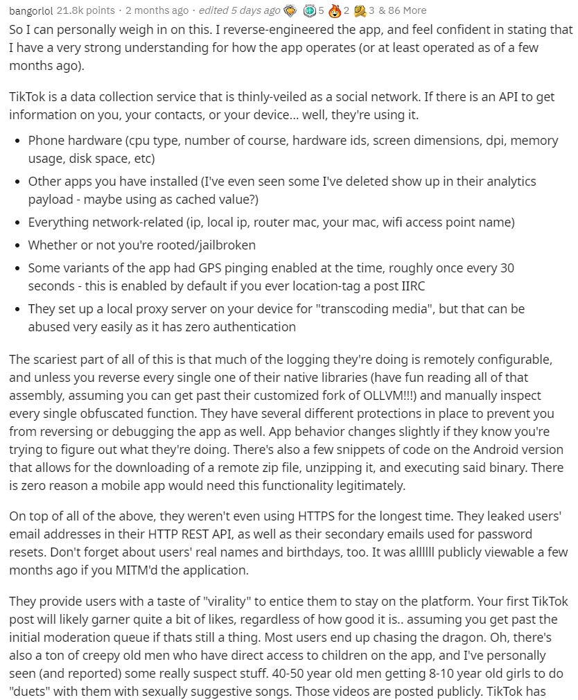 Facebook, Twitter, Reddit, Instagram, Google, they all collect a lot of data from users.

But... none are as bad as Tik Tok.

reddit.com/r/videos/comme…