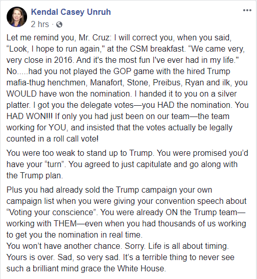 MarlaMHughes's tweet photo. From @kendalunruh responding to @tedcruz talking about 2024. She's right. #FreeTheDelegates people who couldn't be at the convention watched it from a live stream on Facebook. We cried together as Cruz sold his supporters out  for a potential 2024 run. https://t.co/LP6NT3T4cI
