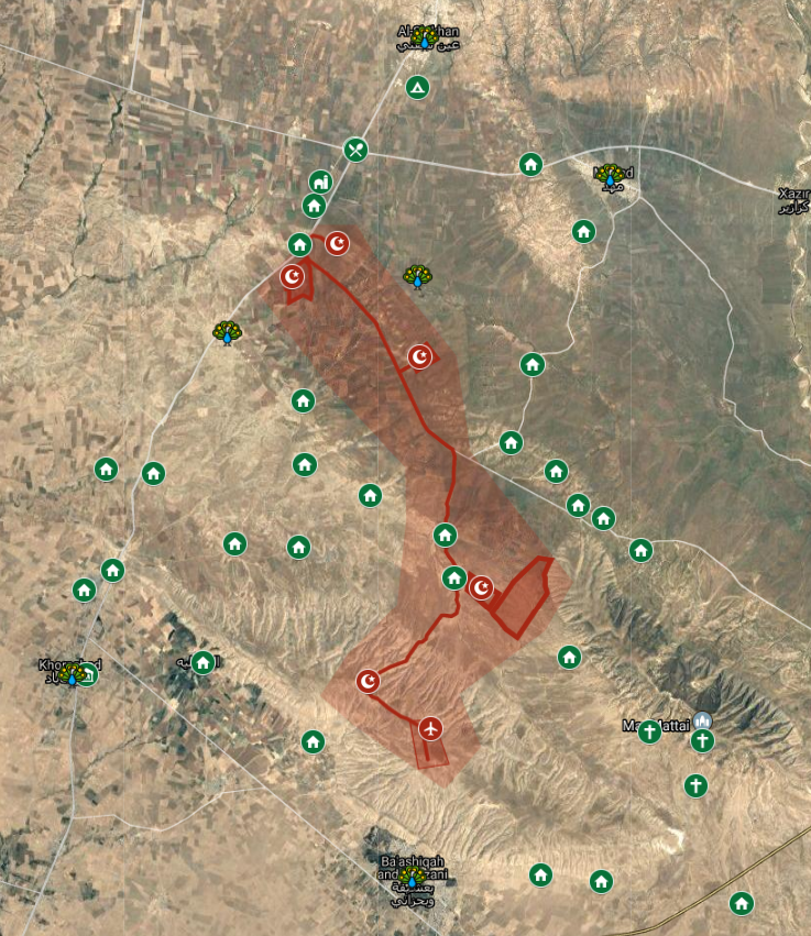 The  #TSK  #Bashiqa -  #Zlekan base is a cluster of bases spanning a 30 sq mi/77.5 km2 area along a 15 mi/24 KM road. Base Footprint is about 2.5 sq mi/6.5 km2, TSK xerts military control over the entire region. The area is a mix of Kurdish, Ezidi, Shabak and Assyrian villages.