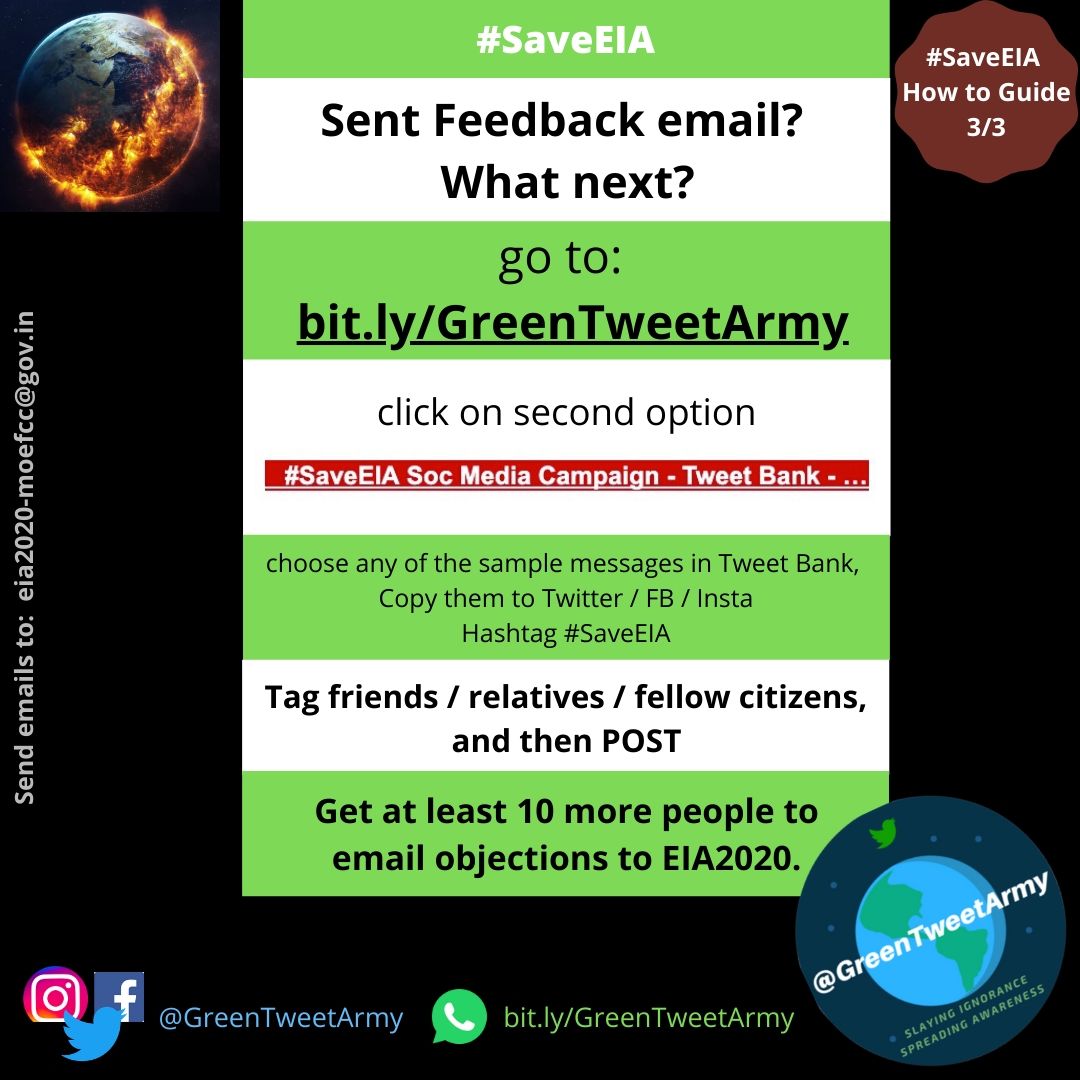 GreenTweetArmy's tweet photo. All Week Social Media Action: Twitter | FB | Insta
@: Your friends, ask them to email objections!
Time: 24/7
Resources: https://t.co/xEMYidAPpU
Hashtags: #SaveEIA #EmailEIA2020 #Object2EIA2020
#SaveEIASaveIndia #OpposeEIA2020 #RejectEIA2020
#NoEIADilution #ScrapEIADraft2020 https://t.co/q4l8omJRic