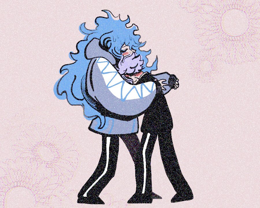 2boys multiple boys long hair blue hair male focus hug pants  illustration images