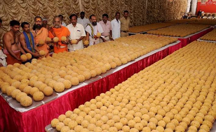 The Laddu Prasadam is prepared within the temple kitchen known as Potu. Pilgrims buy tokens for the prasad and collect it after prayers to Lord Balaji. The temple employs about 620 people, including 270 cooks.