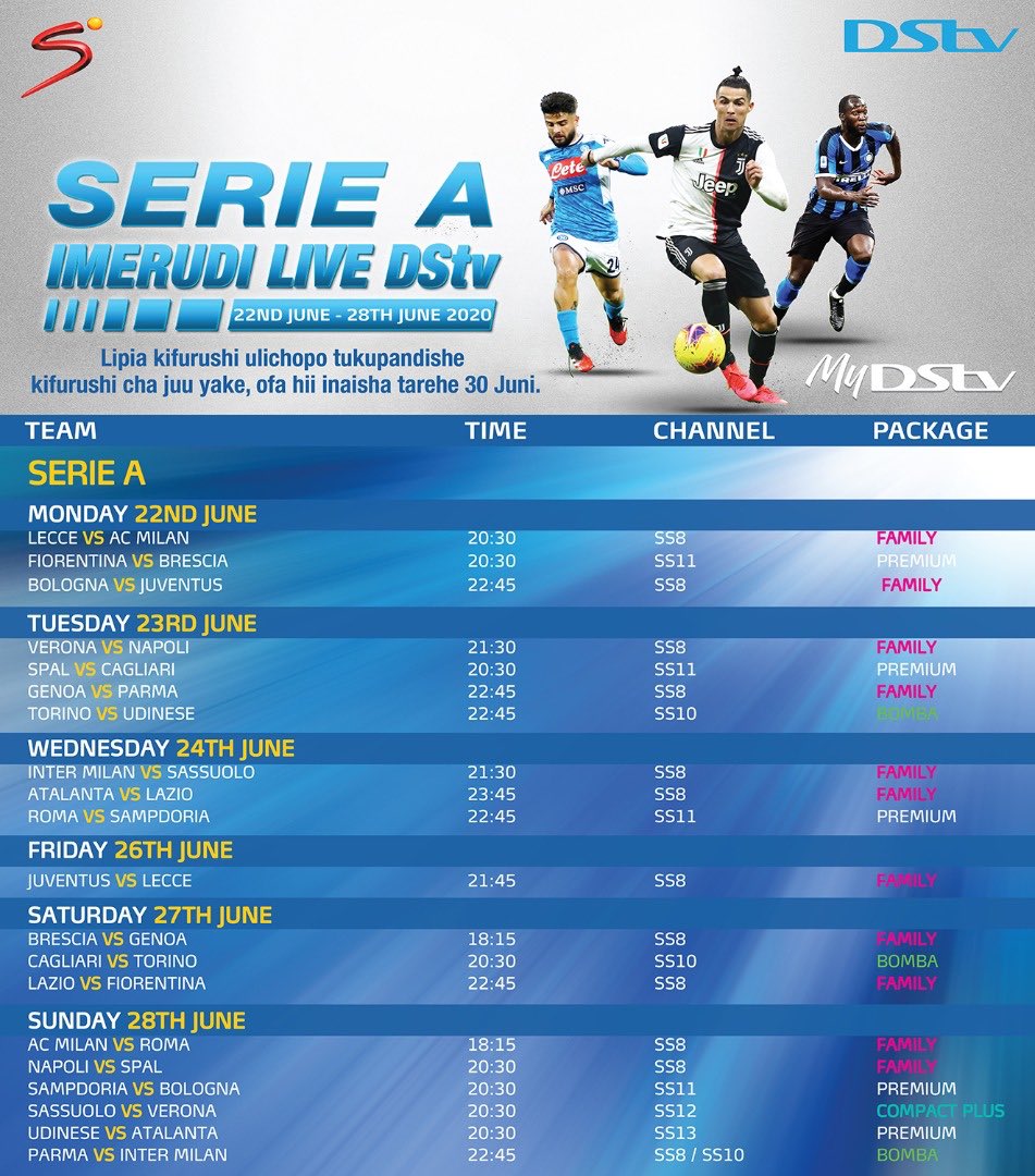 DStv_Tz's tweet photo. Ratiba za #EPL, #SerieA, #FACup na #Laliga.

Bonyeza *150*53# kwenye simu yako ya mkononi kulipia sasa kifurushi chako ili Usikose burudani hii.

#TupoNawe https://t.co/1Pq5cp64M6