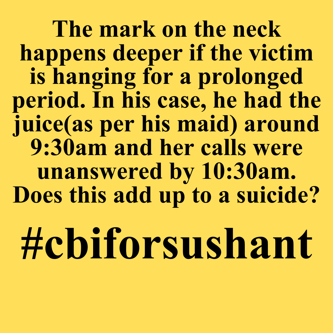 RoopaSpeaks's tweet photo. The mark on the neck happens deeper if the victim is hanging for a prolonged period. In his case, he had the juice(as per his maid) around 9:30am and her calls were unanswered by 10:30am.
#cbiforsushant #sushnatsinghrajput #roopaganguly @AmitShah @narendramodi https://t.co/A1PkBedPFv