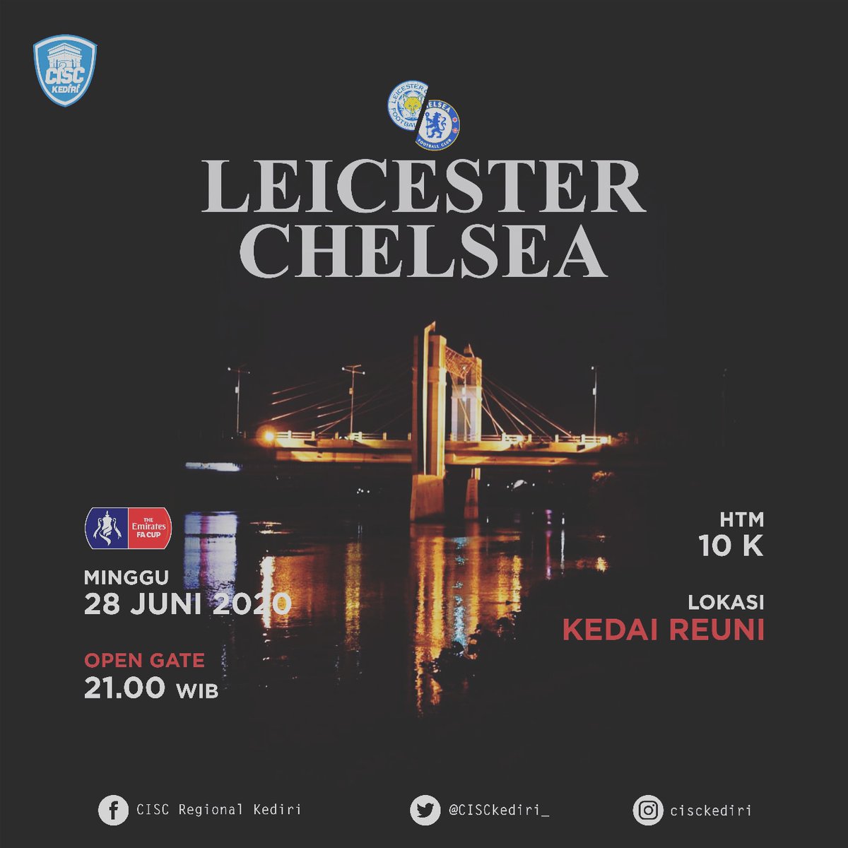 #NobarDay 
🏆 FA Cup
⚽ Leicester City v Chelsea
📆 Minggu, 28 Juni 2020
🏠 Kedai Reuni
🕑 21.00 WIB
💵 10k
#Birukan