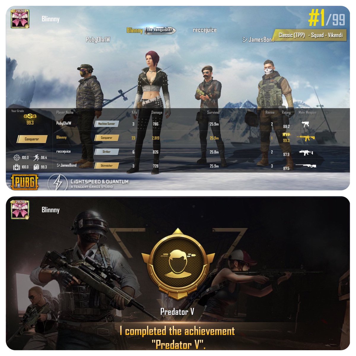 Blinnny2's tweet photo. Finally completed the #PredatorV achievement!! I thought it would never happen, once in a pubglifetime for me 😂😂 i was lucky, almost died 2 times too #PubgMobile #Pubg #Vikendi #Blinnny #23kills #PubgNL #PlayersUnknownBattleGrounds #PubgTTP #PubgSquads #DutchSquad #PubgGame https://t.co/kf1aiEGpFu