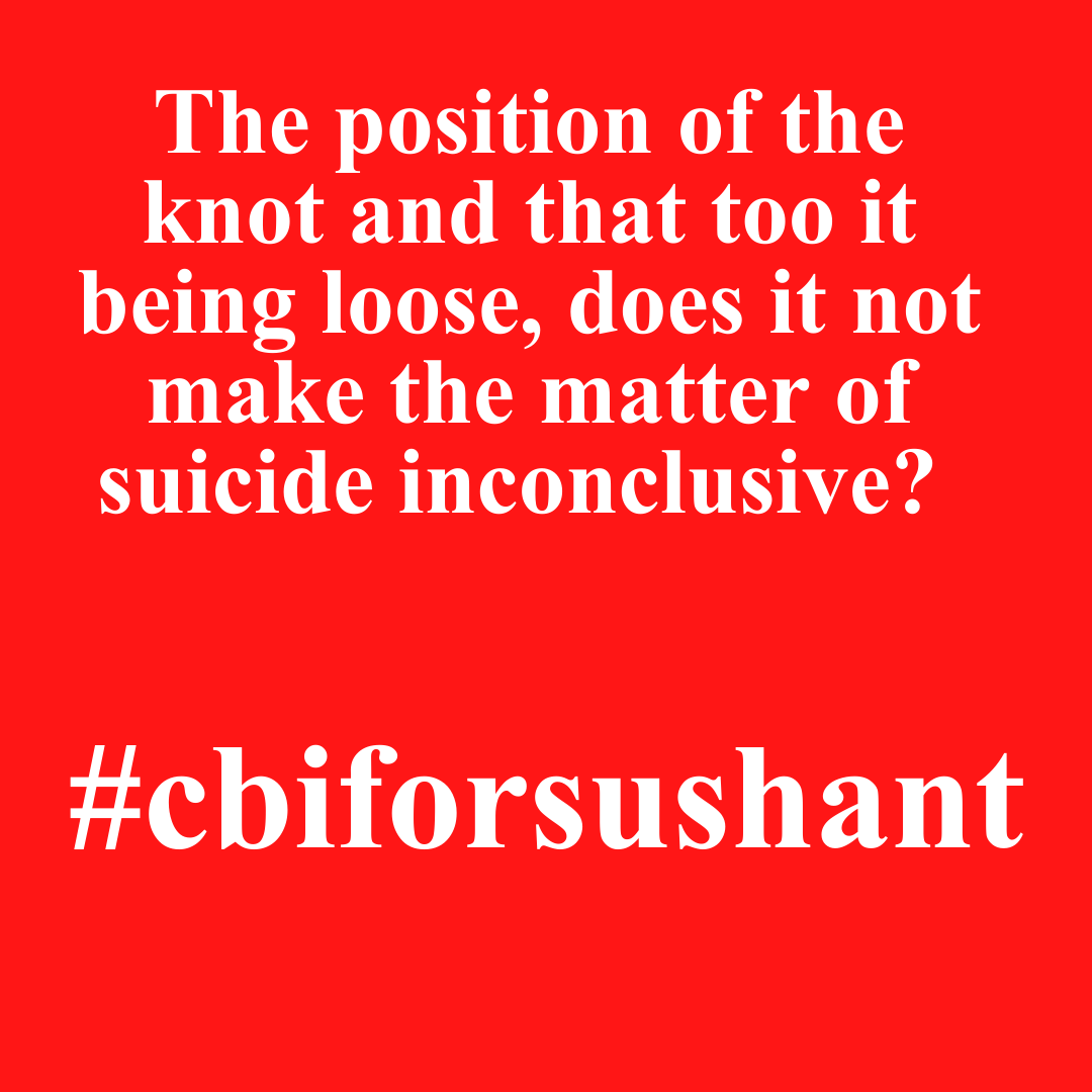 RoopaSpeaks's tweet photo. The position of the knot and that too it being loose, does it not make the matter of suicide inconclusive? 
#cbiforsushant #SushantSinghRajput #roopaganguly @AmitShah @narendramodi https://t.co/dzIgRb55oW
