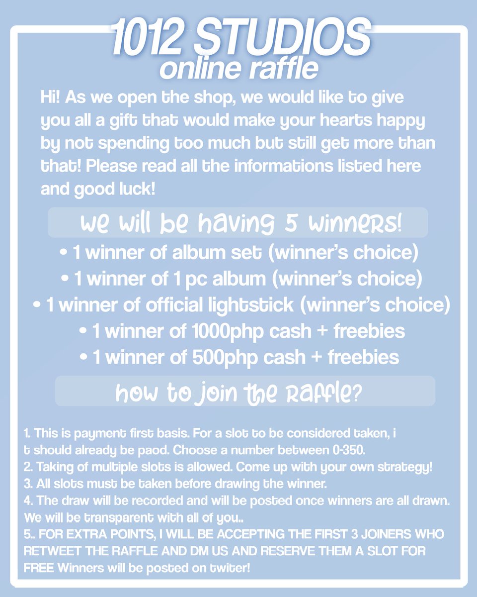 1012backup's tweet photo. ✨ Hello everyone! Online raffle is now on going. This is a way for me to make your hearts happy even in the smallest things possible! Please read everything! ♡ 

— HELP RT! #1012_Raffles ♡

• 5 winners 
• 40php per slot.
• 350 slots available
• ALL SLOTS MUST BE TAKEN! https://t.co/ThMUo2jvyU