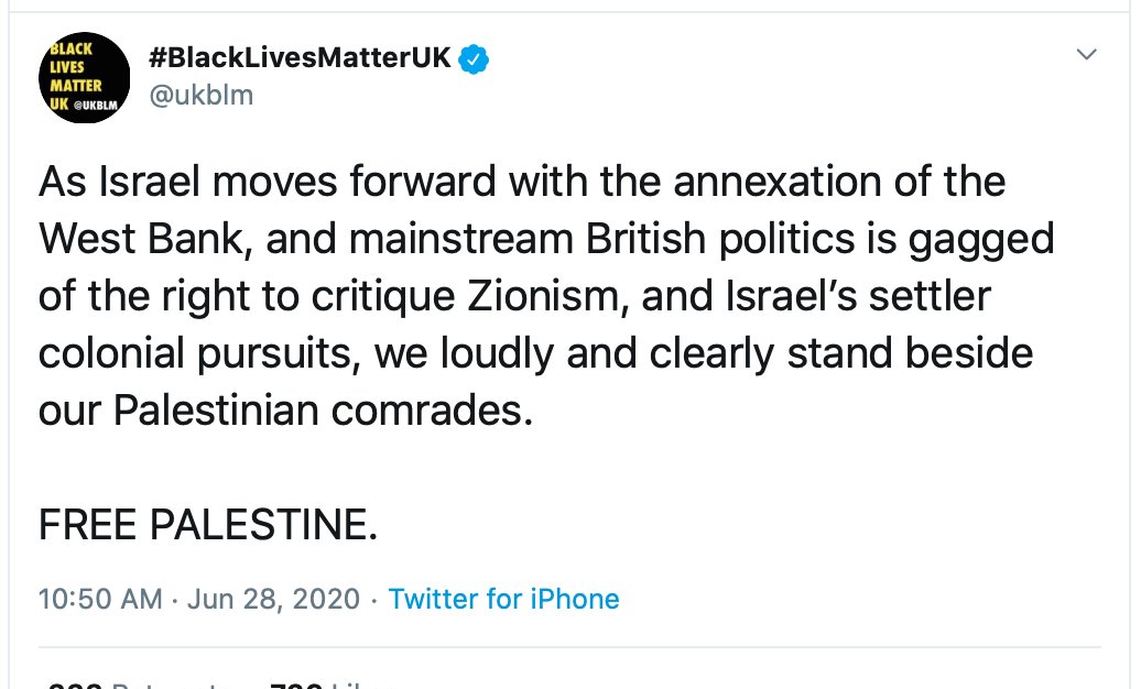 Meanwhile,  @ukblm claims "British politics is gagged of the right to critique Zionism, and Israel’s settler colonial pursuits" https://twitter.com/ukblm/status/1277177624884850689