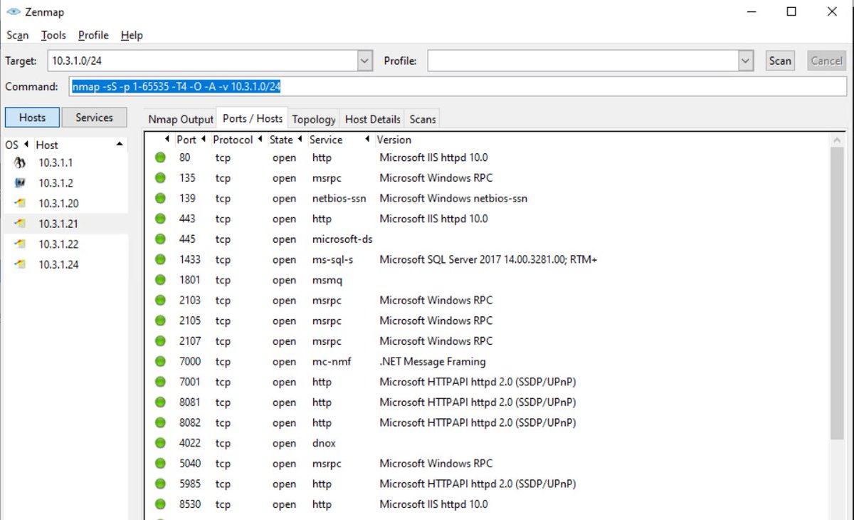 ThomasKurth_ch's tweet photo. Todays learning #nmaps is really helpful to elaborate which services are in use and to test if I have not to many open ports on a specific server. Just tested it against my #MEMCM environment... some ports can be closed from non localhost
#ReduceAttackSurface #CEH #Security https://t.co/97U2Lk7vu0