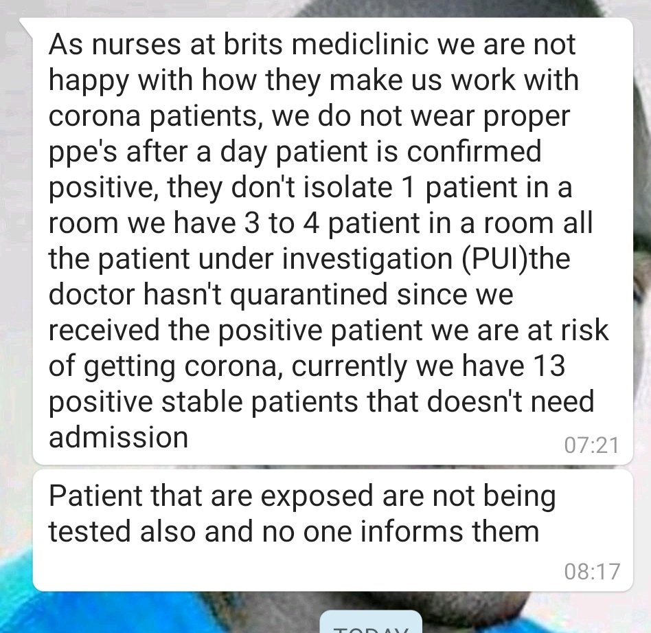 Medi Clinic Brits is treating COVID 19 patients and disregard their staff grievance for proper safety PPE. This is a message from one of their employees. <a href="/HealthZA/">National Department of Health</a> <a href="/SABCNews/">SABC News</a> <a href="/eNCA/">eNCA</a> <a href="/DrZweliMkhize/">Zweli Mkhize</a> <a href="/Julius_S_Malema/">Julius Sello Malema</a> <a href="/ANCYLhq/">ANCYL</a> <a href="/City_Press/">City Press</a> <a href="/Corruption_SA/">Corruption Watch</a> <a href="/RonaldLamola/">Minister: International Relations and Cooperation</a>