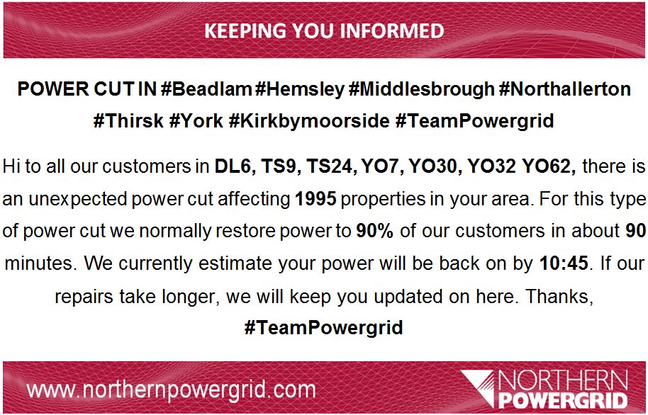Northpowergrid's tweet photo. POWER CUT IN #Beadlam #Hemsley #Middlesbrough #Northallerton #Thirsk #York #Kirkbymoorside #TeamPowergrid https://t.co/CxPlA7BhoT