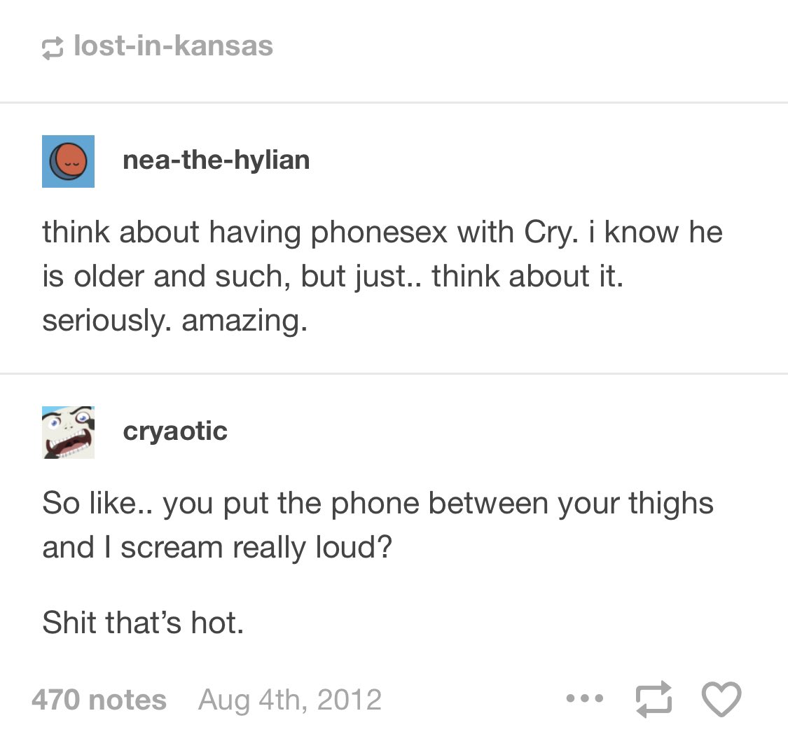 CW: more old cryaotic tumblr posts where he is explicit for no reasonthe first picture ryan terry is playing with the idea of being inappropriate with a fan (idk if they were a minor at this time, but looking at how they’ve interacted before and cry says she’s 15, i think)