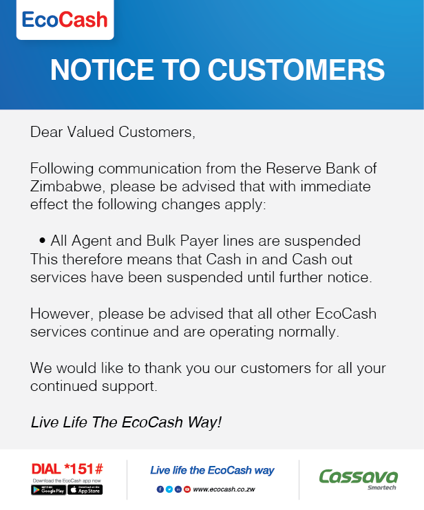 EcoCashZW's tweet photo. Notice To Our Customers, Agents, Bulk Payers and Merchants

Thank you for your continued support!

#LiveLifeTheEcoCashWay https://t.co/5NiWWxJ9DQ