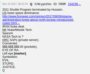 Q told us in December 2017 that the SAP Program material on Hillary's private server had to do with nuke tech that Barry gave to NK via SpaceX. Merely possessing SAP material without permission is treason (it's above Top Secret). Hillary was selling it.
