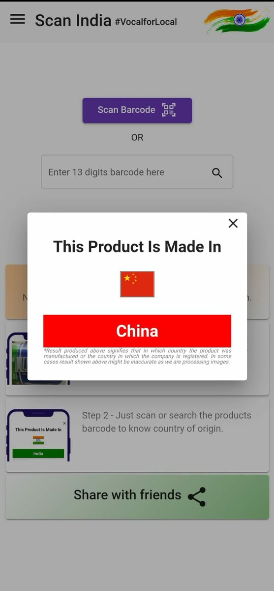 PapamalD's tweet photo. Now its easy to find products country of origin by just scanning Barcode.

Be Indian and proudly buy only Indian products.

Scan before you buy anything.
https://t.co/11D773uo2s

#ScanIndia
#VocalforLocal
#BoycottChineseproducts
#Boycott #Chinese
#Aatmanirbhar #Bharat

Please RT. https://t.co/LNqygMiZ3J