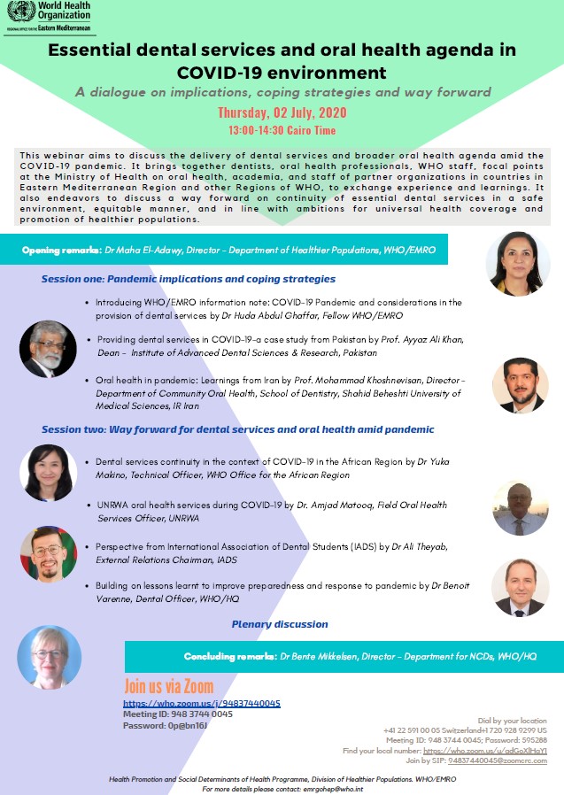 benoit_varenne's tweet photo. Thursday 2 July, join the discussion on implications, coping strategies and way forward on "Essential dental services in COVID-19 environment". Webinar organized by @WHOEMRO #GlobalOralHealth #NextGenNCD #BuildBackBetter https://t.co/9ymVfq3iwT
