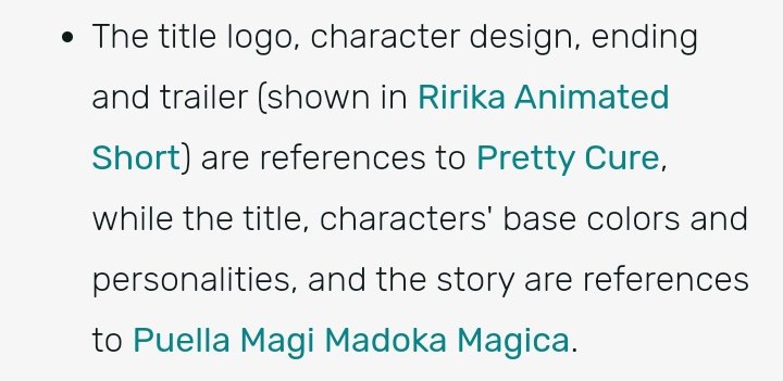 Anyway Magical Girl Ririka Ruruka is a reference to Pretty Cure and Madoka Magica. There are a lot of similarities between them. Here's an explanation from COMPASS wiki