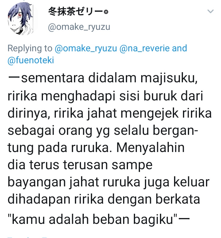 Here's a not so accurate English translation:While Ririka is inside of Magical Square, she sees "herself" mocking and blaming at her for relying too much on Ruruka. She even sees "Ruruka" doing the same to her, saying that Ririka is a burden