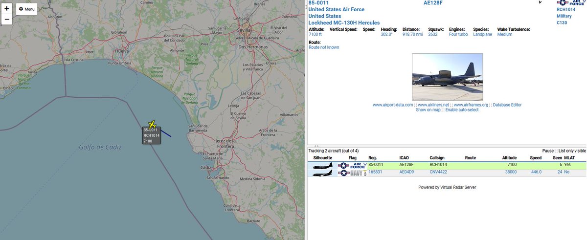 civ_pt's tweet image. United States Air Force 🇺🇸

85-0011, #RCH1014, Lockheed MC-130H Hercules - Over Cadiz Gulf, airborne from Rota Airbase #LERT #ROZ

#potn #planespotting #virtualradar #ADSB #avgeeks #avgeek  #military #USAF