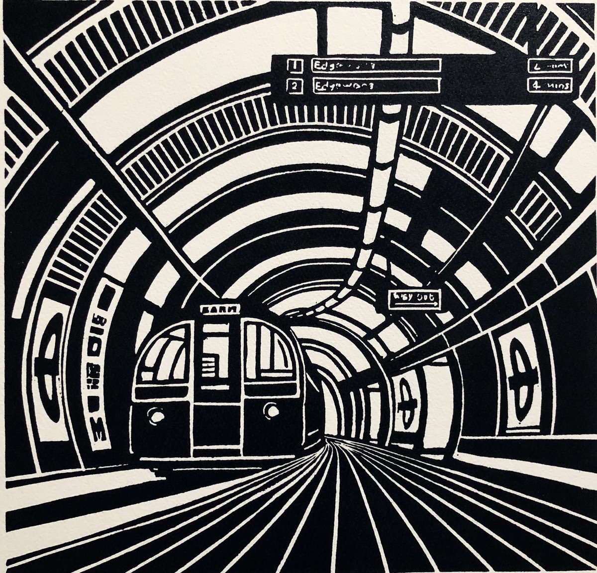 gailbrodholt's tweet image. Here’s my linocut ‘Going Underground ll’ - one of my little jaunts into the world of monochromatic printmaking #londonunderground #tfl