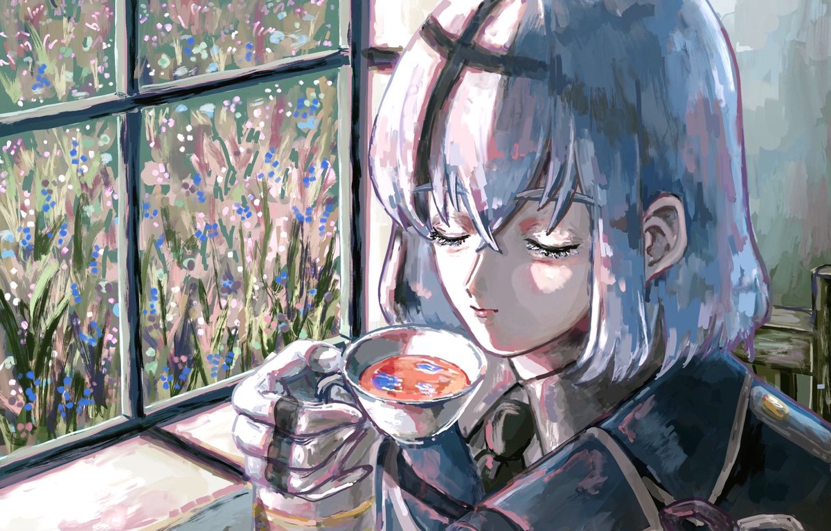 刀剣乱舞 窓辺で花片入りの紅茶を飲む骨喰 ふへ のイラスト