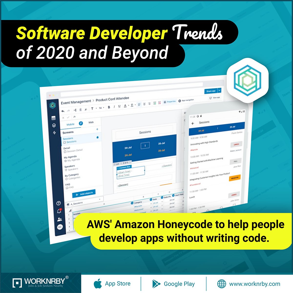 worknrby's tweet image. Amazon Web Services has launched Amazon Honeycode that will allow customers to develop mobile and web apps without writing any code. 
Source: aws.amazon
#Amazon #AmazonHoneycode #Launch #News #AWSservice #Worknrby  #HoneycodeBuilder
