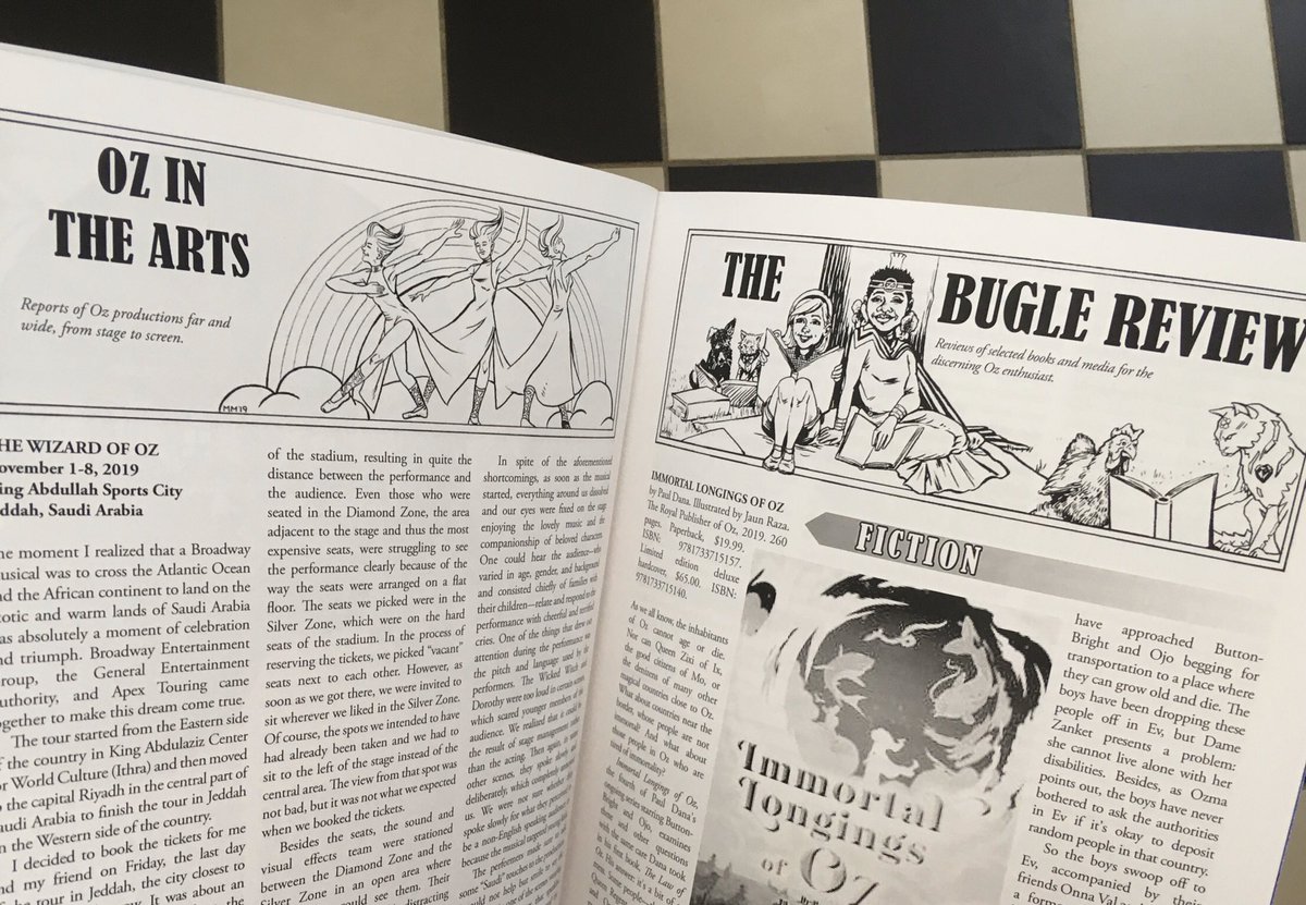Every issue of The Baum Bugle features Oz in the Arts and The Bugle Review, covering notable new stage or filmed productions, fiction and non-fiction titles, and beyond:[artwork:  @MJManley1971]