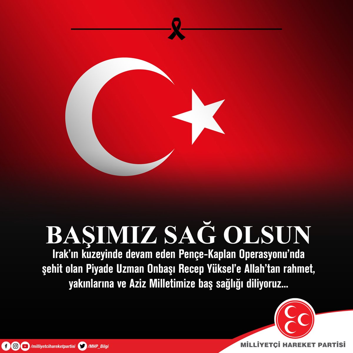 Irak’ın kuzeyinde devam eden Pençe-Kaplan Operasyonu’nda şehit olan Piyade Uzman Onbaşı Recep Yüksel’e Allah’tan rahmet, yakınlarına ve Aziz Milletimize baş sağlığı diliyoruz...