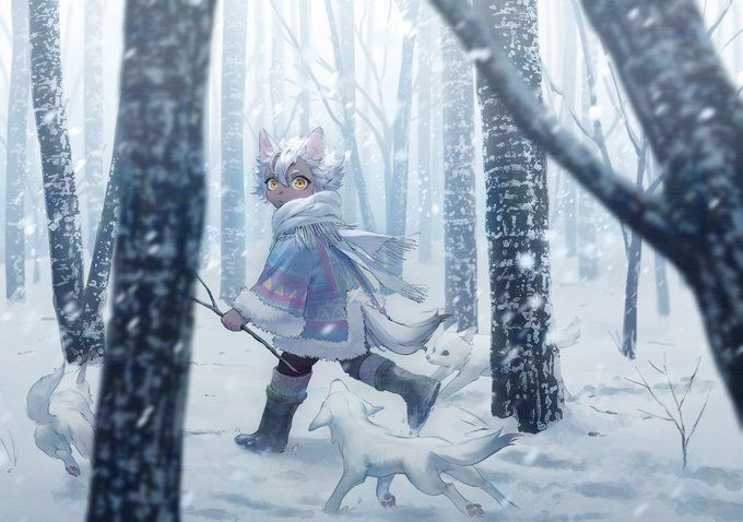 雪降る森の中で子狼を見かけた。 