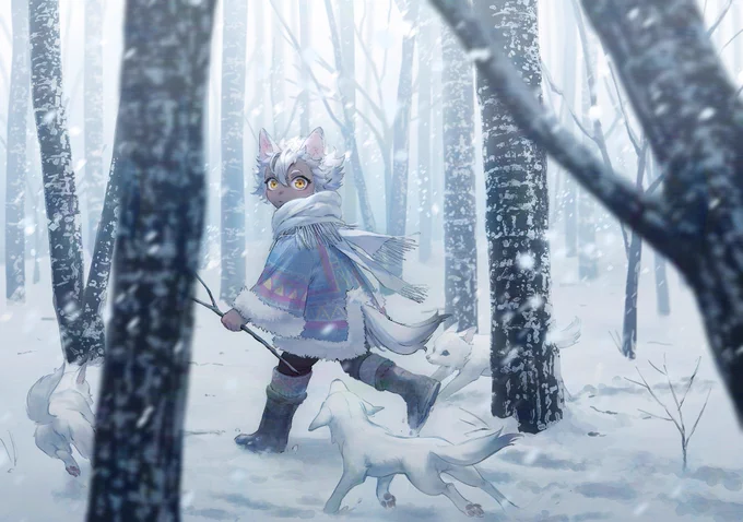 雪降る森の中で子狼を見かけた。 
