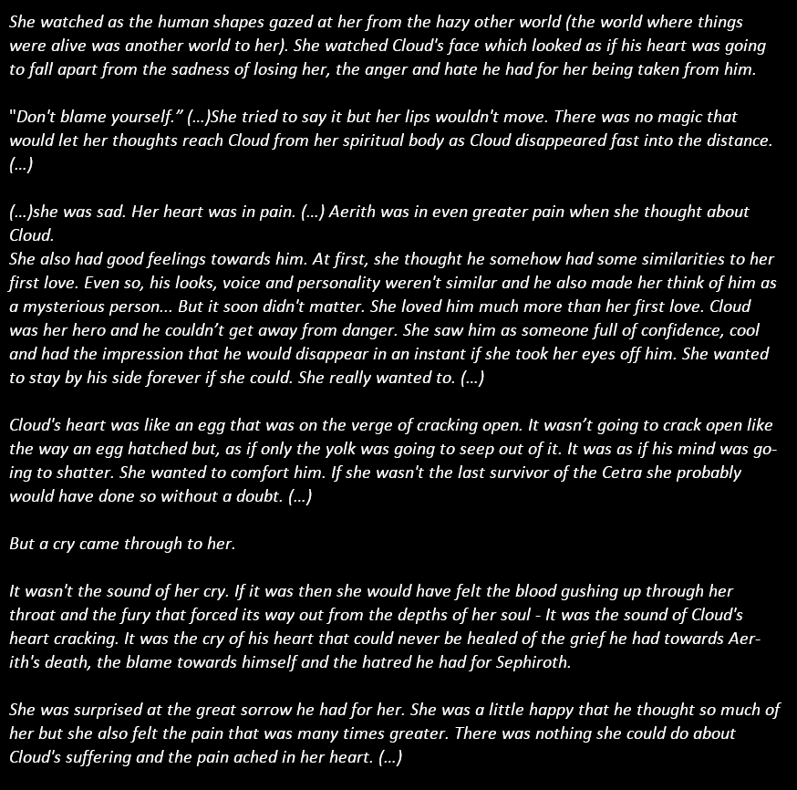 smoo__blue's tweet photo. Here are my thoughts about #clerith from Aerith's perspective in the Remake, which are based on the common theory that Aerith has memories/knowledge of OG FFVII events (up to AC). It's long, so I used ss to make reading more convenient. I hope you will enjoy the read. 1/2 https://t.co/Rb8iRvLL4A