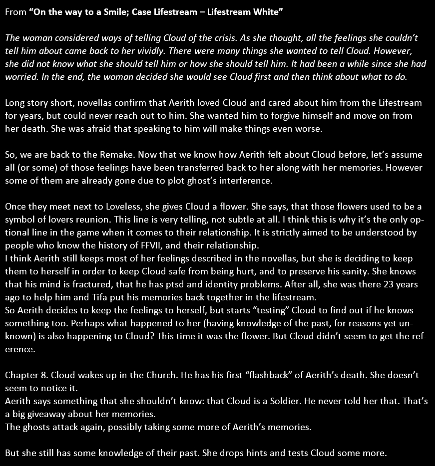 smoo__blue's tweet photo. Here are my thoughts about #clerith from Aerith's perspective in the Remake, which are based on the common theory that Aerith has memories/knowledge of OG FFVII events (up to AC). It's long, so I used ss to make reading more convenient. I hope you will enjoy the read. 1/2 https://t.co/Rb8iRvLL4A