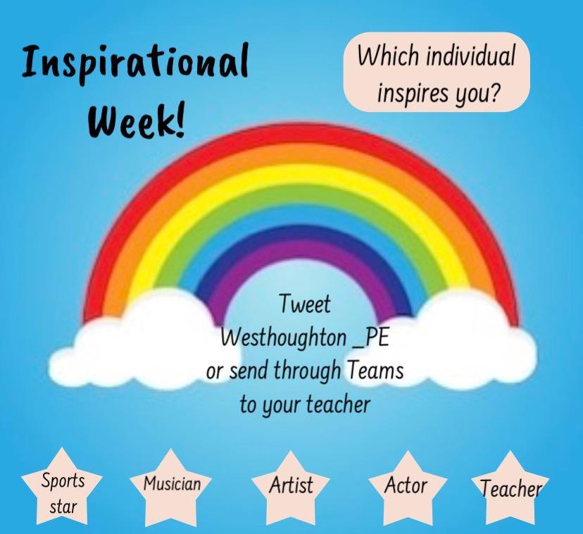 Westhoughton_PE's tweet image. ⭐️ NEW CHALLENGE ⭐️ This week the PE department will be running a Inspirational Week! This does not have to be a sporting athlete, it can be anyone who inspires you! We want to hear from YOU either on teams to your teacher or tweet us with #InspirationalWeek