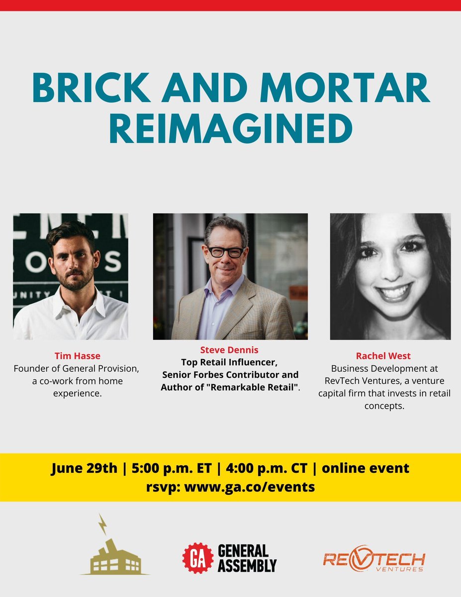 Join us tomorrow for a discussion on the future of brick and mortar with industry experts @StevenPDennis, <a href="/Tim_Hasse/">Tim Hasse</a> and <a href="/REVTECHVentures/">RevTech Ventures</a>
  to learn what it will take for retail to survive and thrive post-pandemic. RSVP: ga.co/brickandmortar