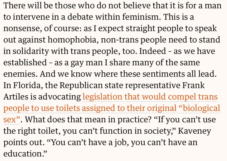 He writes that allowing female people to have sex segregated spaces means people who id as trans cannot get an education or job. No mention that we are afforded these spaces to help mitigate the impact of our oppression, safety from male violence, freedom from the male gaze etc>