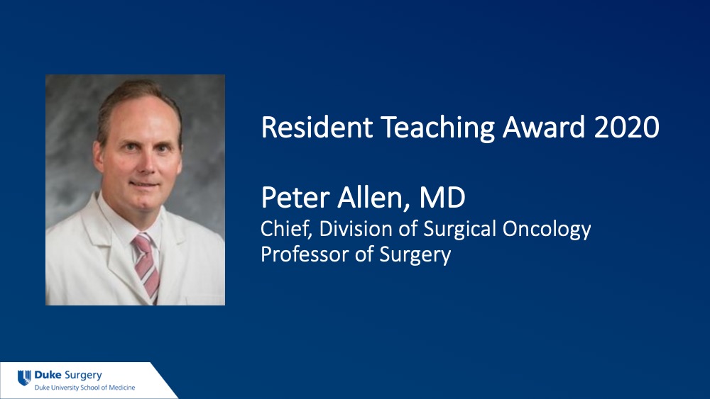 Congratulations to Dr. Peter Allen, a true #PancreaTITAN and recipient of our 2020 Resident Teaching Award! @DukeSurgery @DukeCancer @sloan_kettering #CityofSurgery #SabistonSquad #SideBranch #MainDuct #IPMN #WhipItRealGood