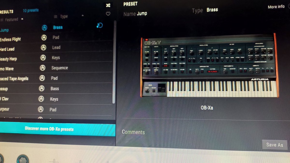asano_akira's tweet image. Analog Lab 4の更新で、ほんの少しだけどOB-Xaのパッチも入ってた！
#Arturia #AnalogLab