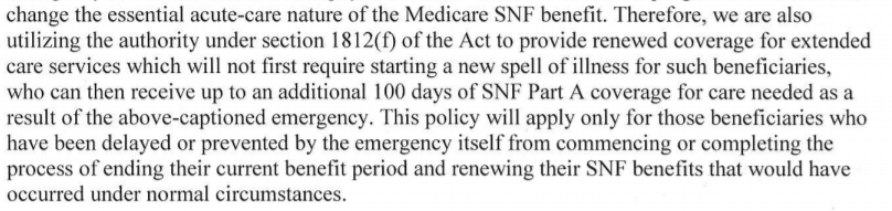 2. First, read the March 13 Medicare announcement.  https://www.cms.gov/files/document/coronavirus-snf-1812f-waiver.pdf It’s poorly written. But you’ll see that Medicare specifically gave seniors more time if they were “prevented or delayed by the emergency” from recovering. Use it in all of your correspondence.