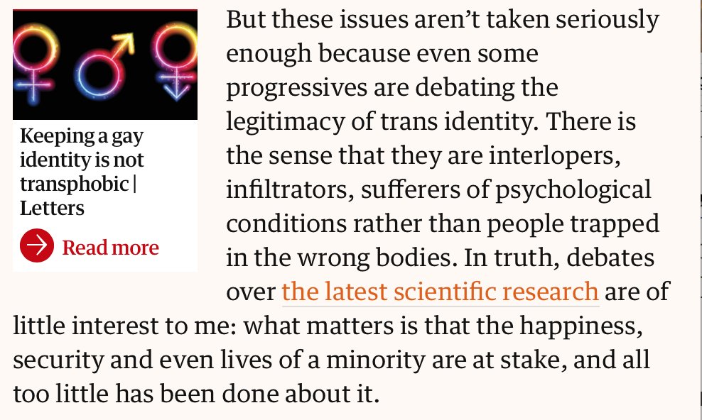 He claims people who id as trans are "trapped in the wrong body", this makes no sense and relies on biological essentialism. He's not actually interested in what "being trans" means, which is at the heart of the issues he's commenting on.>