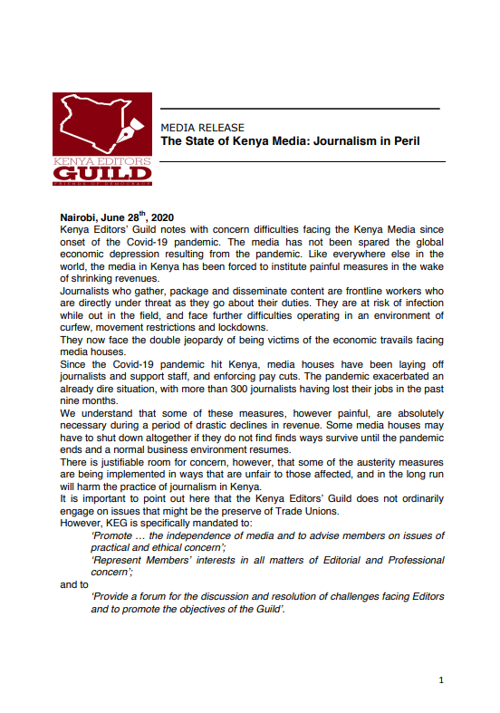 KenyaEditors's tweet photo. MEDIA RELEASE
The State of Kenya Media: Journalism in Peril
@KenyaEditors notes with concern difficulties facing the Kenya Media since onset of the Covid-19 pandemic.The media has not been spared the global economic depression resulting from the pandemic.#JournalismInPeril https://t.co/IgtDSuq50I