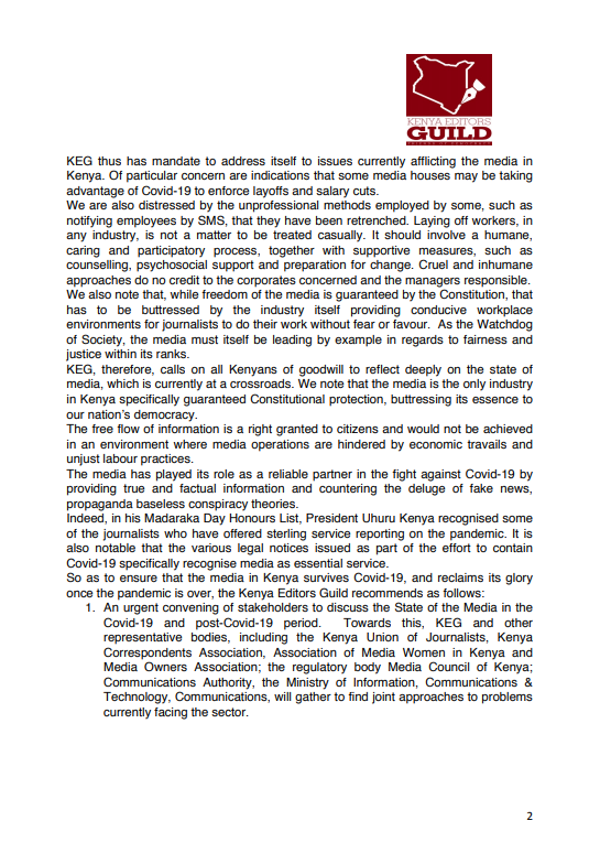 KenyaEditors's tweet photo. MEDIA RELEASE
The State of Kenya Media: Journalism in Peril
@KenyaEditors notes with concern difficulties facing the Kenya Media since onset of the Covid-19 pandemic.The media has not been spared the global economic depression resulting from the pandemic.#JournalismInPeril https://t.co/IgtDSuq50I